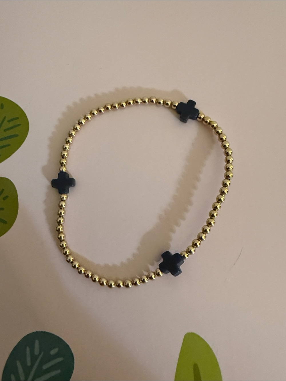 Gold Bead Bracelet with Navy Cross Accents - Elegant Stretch Bracelet - Picture 4 of 6